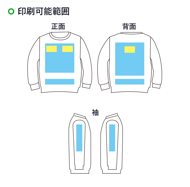 5.6オンス ヘビーウェイト長袖Tシャツ(00102-CVL)名入れ画像 前面 背面 袖左 袖右 フルカラー印刷,1色印刷,2色印刷,3色印刷,4色印刷