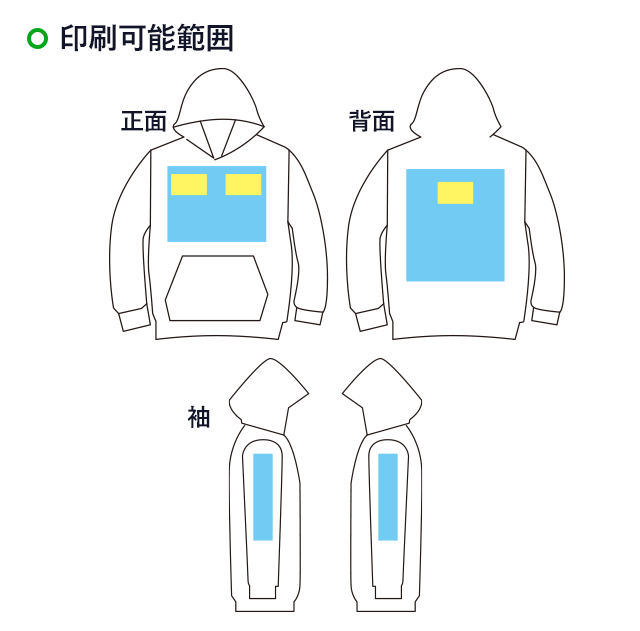 8.4オンス フーデッドライトパーカー(00216-MLH)名入れ画像 正面、背面、袖(左右) フルカラー印刷、1色印刷、2色印刷、3色印刷,4色印刷