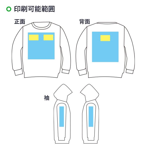 8.4オンス クルーネックライトトレーナー(00219-MLC)名入れ画像 正面、背面、袖(左右) フルカラー印刷、1色印刷、2色印刷、3色印刷,4色印刷