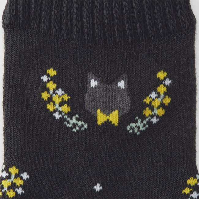 プノン／パイルソックス（SNS-2700509）猫の刺繍（黒色）