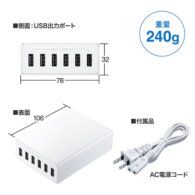 USB充電器（6ポート・合計12A）（ACA-IP67）商品仕様