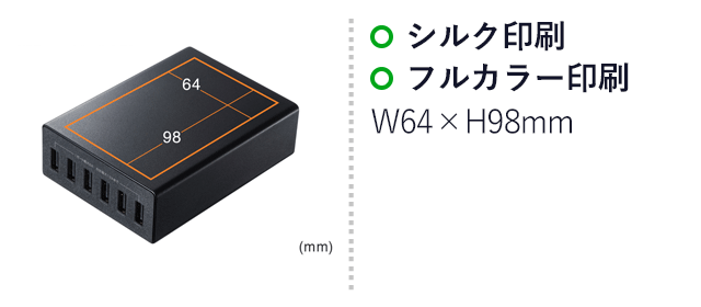 USB充電器（6ポート・合計12A）（ACA-IP67）名入れ画像　シルク印刷・フルカラー印刷　W64×H98mm