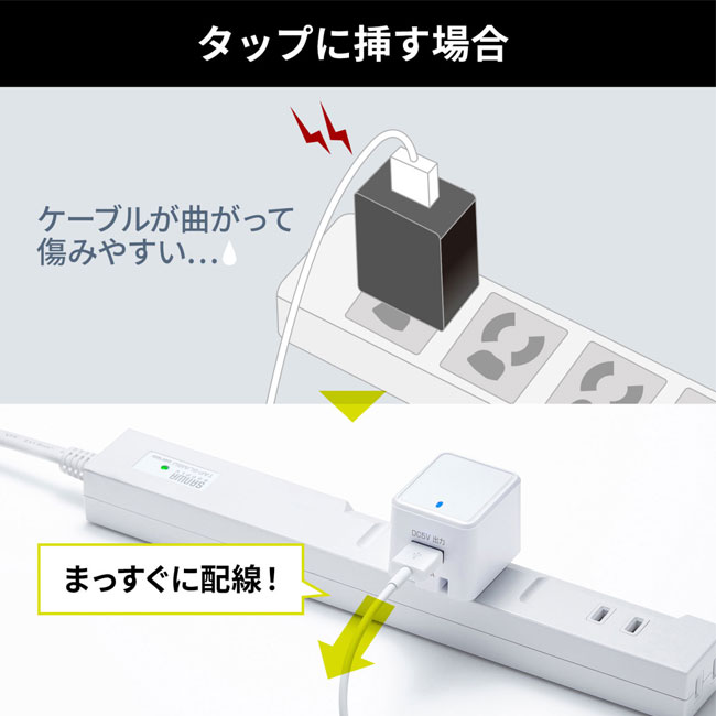 キューブ型USB充電器（2.4A・ホワイト）（ACA-IP79W）タップに挿す場合