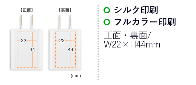 USB充電器（2A）（ACA-IP87）名入れ画像　シルク印刷・フルカラー印刷　正面・裏面/W22×H44mm