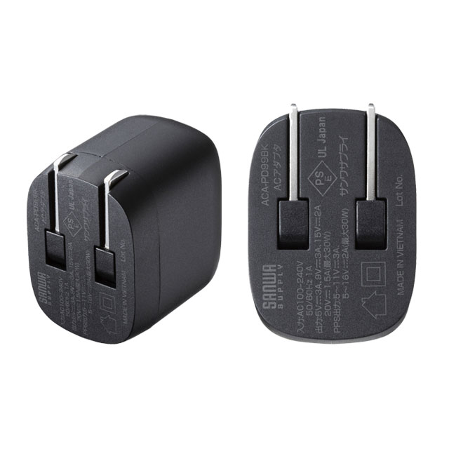 USB PD対応AC充電器（PD30W）（ACA-PD99BK）本体（斜め・プラグ面）