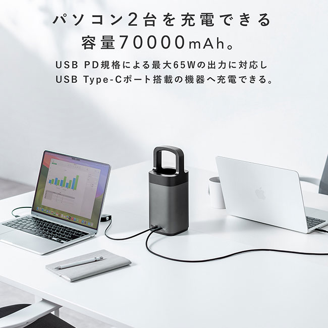 USB PD対応ハンドル一体型モバイルバッテリー（70000mAh）（BTL-RDC36）パソコン2台を充電できる容量70000mAh