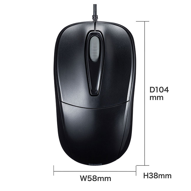 静音有線光学式マウス（MA-122HBK）サイズ