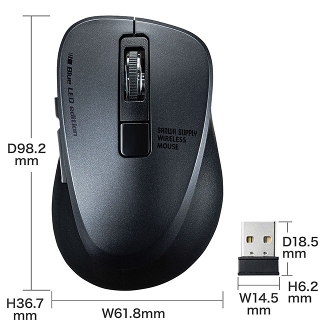 静音ワイヤレスブルーLEDマウス（MA-WBL153）サイズ