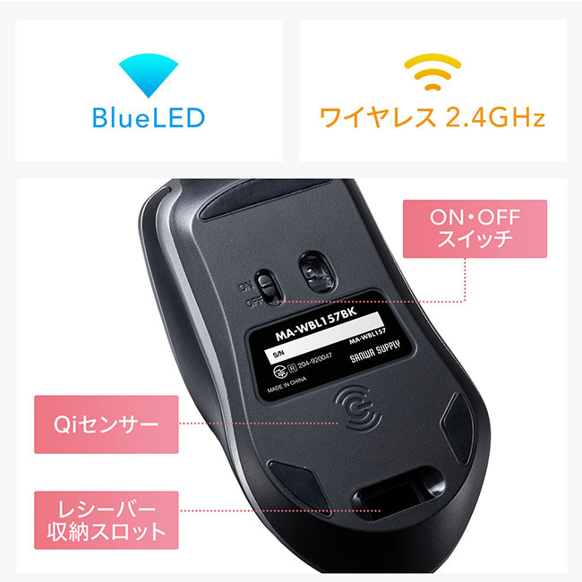 ワイヤレス充電マウス（ブラック）（MA-WBL157BK）BlueLED、2.4GHzワイヤレス