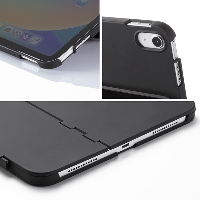 iPad 11インチ A16（2025）/第10世代iPad 10.9インチ用ハードケース（スタンドタイプ・ブラック）（PDA-IPAD1904BK）商品仕様（角・カメラ部分アップ）