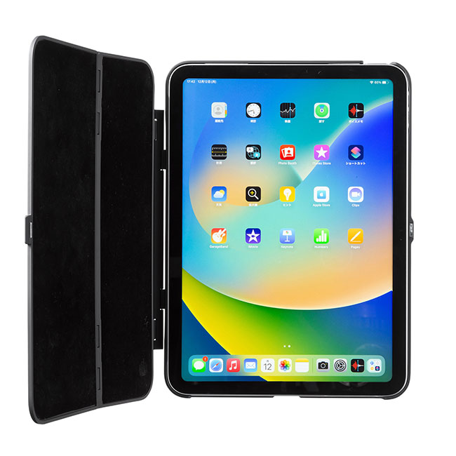 iPad 11インチ A16（2025）/第10世代iPad 10.9インチ用ハードケース（スタンドタイプ・ブラック）（PDA-IPAD1904BK）片面開いた状態