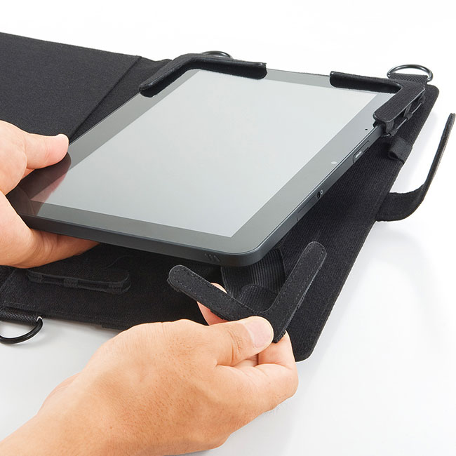 ショルダーベルト・ハンドベルト・ペンホルダー付き10.1インチタブレットケース（PDA-TAB4）伸縮ゴム固定