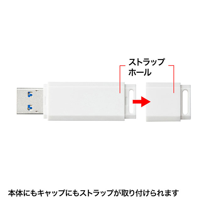 USBメモリ（8GB）USB3.0 シンプルデザイン（UFD-3U8GWN）本体にもキャップにもストラップが付けられます