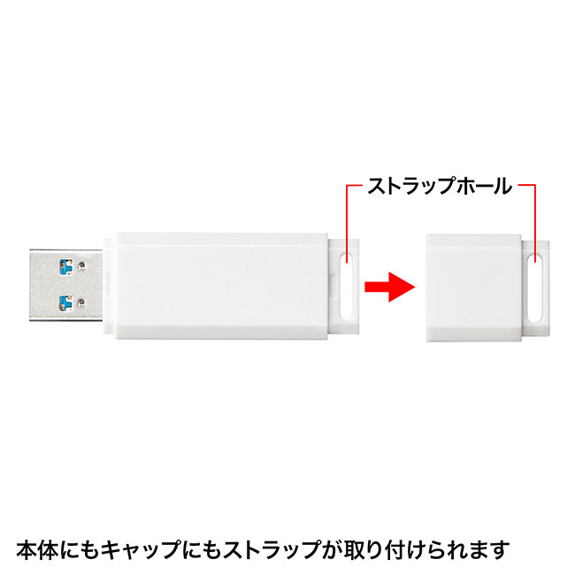 USB3.2 Gen1 メモリ（16GB）（UFD-3UML16GW）本体・キャップにストラップが取り付けられます