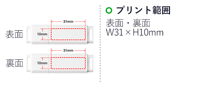 USB3.2 Gen1 メモリ（16GB）（UFD-3UML16GW）名入れ画像　プリント範囲　表面・裏面／W31×H10mm