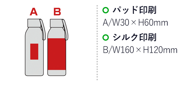 セルトナ・ループ付きアルミボトル(sd197351-5)名入れ画像 A：パッド印刷W30×H60mm B：シルク印刷W160×H120mm