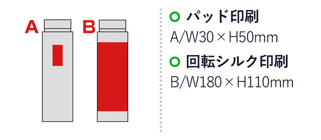 ウォーターボトルイン防災6点セット（SNS-0600490）名入れ画像　名入れ範囲　パッド印刷　A:W30×H50mm　回転シルク印刷　B:180ｍｍ×110mm