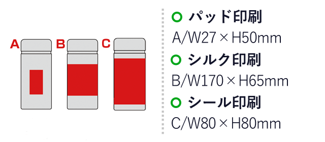 スタンダードクリアマイボトル（SNS-0600641）名入れ画像　名入れ範囲 パッド印刷:A/W27×H50mm　シルク印刷：B/W170×H65mm　シール印刷：C/W80×H80mm