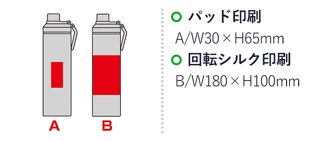 ウェルフ・直飲み真空ステンレスボトル（650ml）（SNS-0601078）名入れ画像　パッド印刷　A/W30×H65mm　回転シルク印刷　B/W180×H100mm