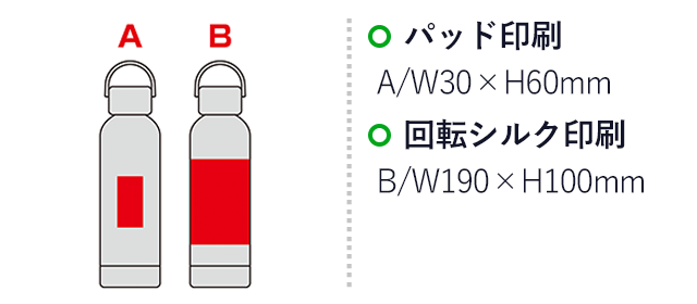 ナチュラルバンブー真空ステンレスボトル（SNS-0601116）名入れ画像　パッド印刷：A/W30×H60ｍｍ　回転シルク印刷：Ｂ/W190×H100mm