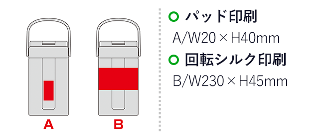 ハンドル付きクリアストローボトル(SNS-0601289)名入れ画像 プリント範囲 パッド印刷w20×h40mm 回転シルク印刷w230×h45mm