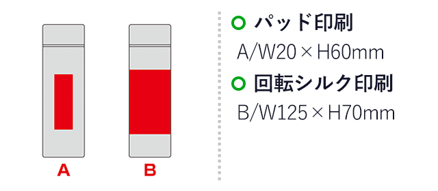 ポケットサイズ真空ステンレスミニボトル(SNS-0601301)名入れ画像 プリント範囲 パッド印刷w20×h60mm 回転シルク印刷w125×h70mm