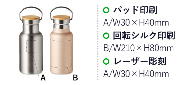 ウッドキャップ・ステンレスボトル（350ml）（SNS-0900064）名入れ画像　パッド印刷：A/W30×H40mm　回転シルク印刷：B/W210×H80mm　レーザー彫刻：A/W30×H40mm