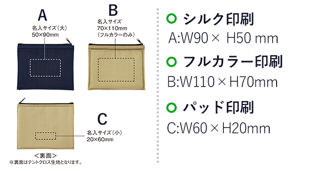 セパレートメッシュポーチ mini(SNS-0900086)名入れ画像 パッド印刷・シルク印刷 A(表面):W90×H50mm C(裏面):W60×H20mm、フルカラー印刷 B(表面):W100×H70mm