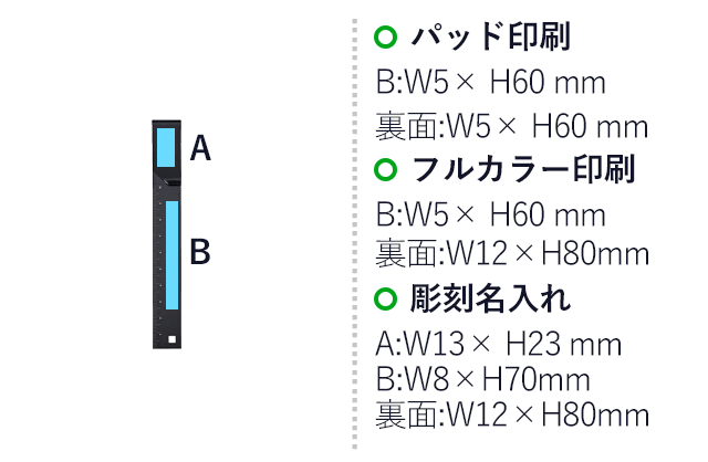 Re:アルミクリップ定規(SNS-0900093)名入れ画像 パッド印刷 B/W5×H60mm 裏面/W5×H60mm、フルカラー印刷 B/W5×H60mm 裏面/W12×H80mm、彫刻名入れ A/W13×H23mm B/W8×H70mm 裏面/W12×H80mm