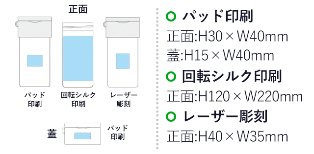 2wayキャリングペッボトルホルダー(SNS-0900102)名入れ画像 パッド印刷:正面 H15 × W40mm 蓋 H30 × W40mm、回転シルク印刷:H120 × W220mm、レーザー彫刻:H40 × W35mm
