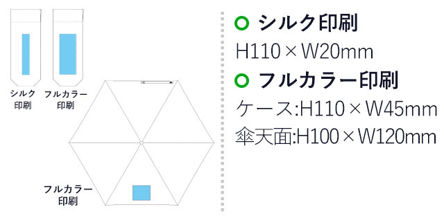 ライトウェイト遮光折り傘(晴雨兼用)(SNS-0900103)名入れ画像 パッド印刷:正面 H15 × W40mm 蓋 H30 × W40mm、回転シルク印刷:H120 × W220mm、レーザー彫刻:H40 × W35mm