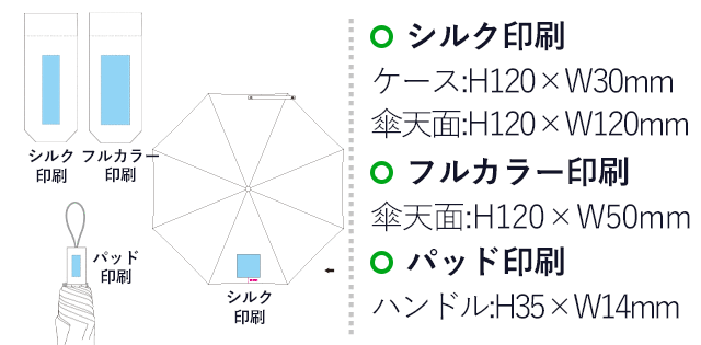 ウッドハンドル遮光耐風折り傘(晴雨兼用)(SNS-0900104)名入れ画像 本体 パッド印刷:H35 × W14mm 以内 シルク印刷:H120 × W120mm 以内 ケース シルク印刷:H120 × W30mm 以内 フルカラー印刷:H60 × W50mm 以内、H110 × W50mm 以内