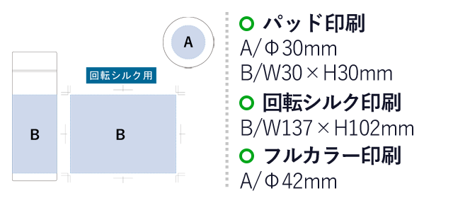 MOTTERUカラビナハンドルサーモボトル　250ml（SNS-0300034）パッド印刷：A/Φ30mm B/W30×H30mm　回転シルク印刷：B/W137×H102mm　フルカラー印刷：A/Φ42mm