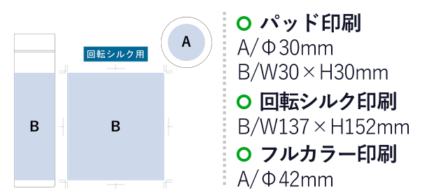 MOTTERUカラビナハンドルサーモボトル　360ml（SNS-0300035）パッド印刷：A/Φ30mm B/W30×H30mm　回転シルク印刷：B/W137×H152mm　フルカラー印刷：A/Φ42mm