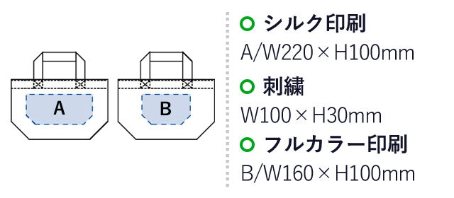 シャンブリックキャンバストート（S）（SNS-0300056）名入れ画像　シルク印刷：W220×H100mm　刺繍：W100×H30mm　フルカラー印刷：W160×H100mm