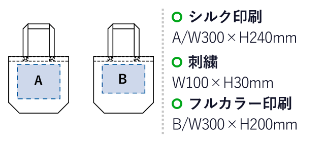 シャンブリックキャンバストート（L）（SNS-0300058）名入れ画像　シルク印刷：A/W300×H240mm　刺繍：W100×H30mm　フルカラー印刷：B/W300×H200mm