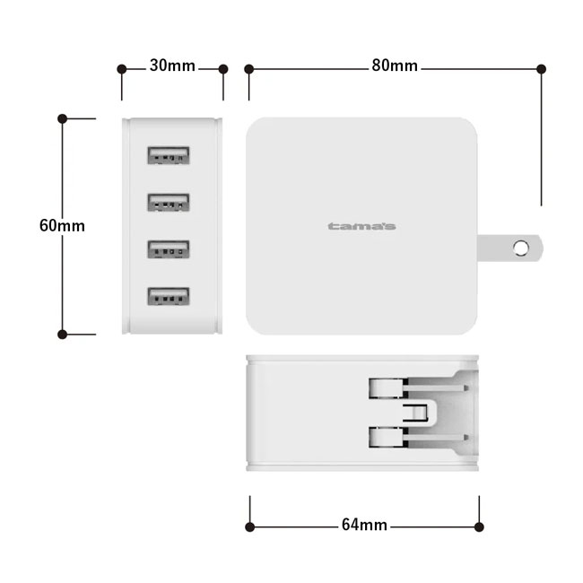 コンセントチャージャー 4.8A USB−A×4ポート（SNS-0300066）サイズ