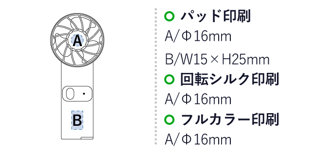 ミストハンディファン（SNS-0300075）名入れ画像　パッド印刷：A/直径16mm　B/W15×H25mm　回転シルク印刷：A/直径16mm　フルカラー印刷：A/直径16mm