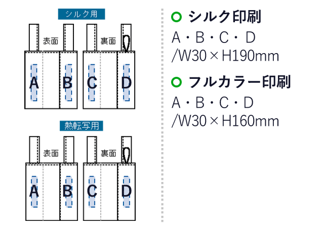 ポケットスクエア　デリバッグ（SNS-0300081）名入れ画像　シルク印刷：A・B・C・D/W30×H190mm　フルカラー印刷：A・B・C・D/W30×H160mm