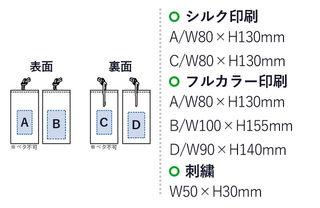 厚手コットンラッピング巾着(S) （SNS-0300090）名入れ画像　シルク印刷：A/W80×H130mm　C/W80×H130mm　フルカラー印刷：A/W80×H130mm　B/W100×H155mm　D/W90×H140mm　刺繍：W50×H30mm