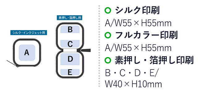 レザースタイルマルチケース(S)（SNS-0300092）名入れ画像　シルク印刷：A/W55×H55mm　フルカラー印刷：AW55×H55mm　素押し・箔押し：B・C・D・E/W40×H10mm