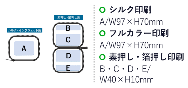 レザースタイルマルチケース(M)（SNS-0300093）名入れ画像　シルク印刷：A/W97×H70mm　フルカラー印刷：A/W97×H70mm　素押し・箔押し：B・C・D・E/W40×H10mm