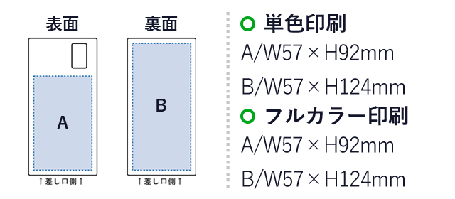 モバイルチャージャー10000　フラット（SNS-0300097）名入れ画像　単色印刷：A/W57×H92mm　B/W57×Ｈ124mm　フルカラー印刷：A/W57×H92mm　B/W57×H124mm