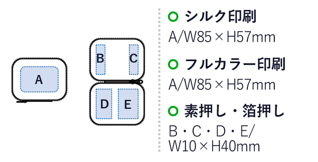 モバイルアクセサリーケース(S)【一部カラー在庫限り】（SNS-0300099）名入れ画像　シルク印刷：A/W85×H57mm　フルカラー印刷：A/W85×H57mm　素押し・箔押し：B・C・D・E/W10×H40mm