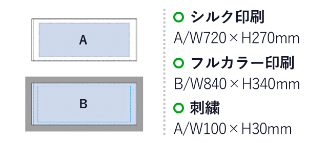 プリントしやすいコットンシャーリングフェイスタオル ホワイト（SNS-0300107）名入れ画像　シルク印刷：A/W720×H270mm　フルカラー印刷：B/W840×H340mm　刺繍：A/W100×H30mm