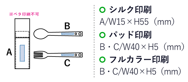 カトラリーセット　アルミタイプ(2点)（SNS-0300161）名入れ画像　シルク印刷：A/W15×H55mm　パッド印刷：B・C/W40×H5mm　フルカラー印刷：B・Ｃ/W40×H5mm