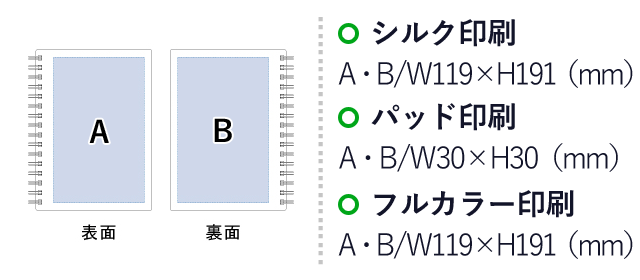 A5リングノート　マット（SNS-0300167）名入れ画像　シルク印刷：A・B/W119×H191mm　パッド印刷：A・B/W30×H30ｍｍ　フルカラー印刷：Ａ・Ｂ/W119
×H191mm