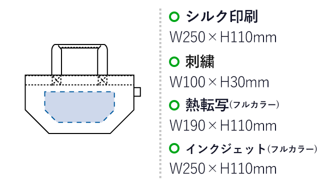 フェアトレードコットンキャンバストート（Ｓ）内ポケット（SNS-0300174）名入れ画像　シルク印刷：W250×H110mm　刺繍：W100×H30mm　フルカラー印刷：W250×H110mm