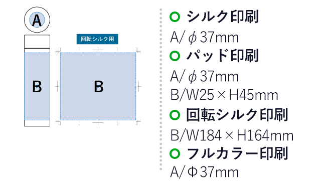 シンプルサーモステンレスボトル３７０ｍｌ（SNS-0300213）名入れ画像　シルク印刷　A:直径37mm　パッド印刷　A:直径37mm/B:W25×H45mm　回転シルク印刷　B:W184×H164mm　フルカラー印刷　A:直径37mm