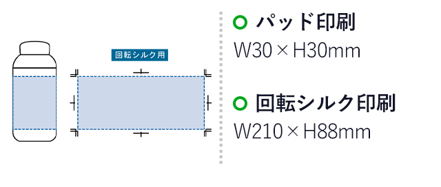 Maluttoサーモステンレスボトル400ml（SNS-0300215）名入れ画像　パッド印刷　W30×H30mm　回転シルク印刷　W210×H88mm